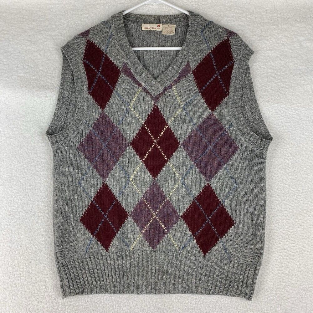 Vintage Stanley Blacker Sweater Vest Mens Size L 100% Shetland Wool‎ Knit Italy